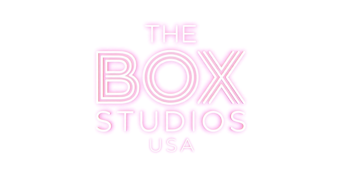 The Box Studios USA lockup in magenta neon